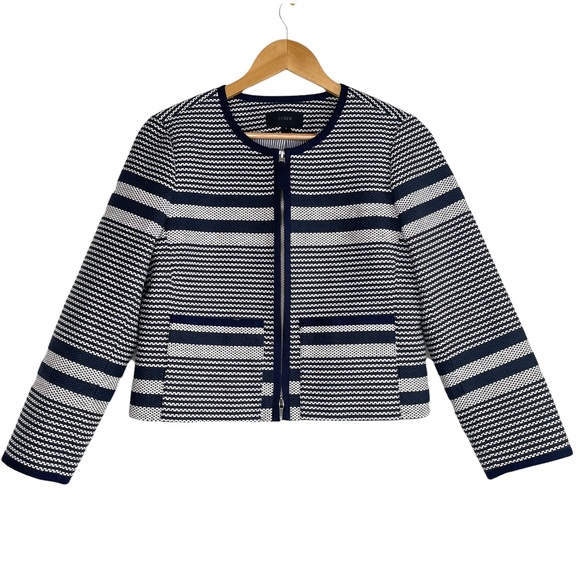 J. Crew Jackets & Blazers - J Crew Navy and White Tweed Striped Full Zip Collarless Blazer Size 6